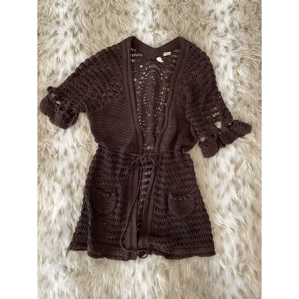 Vtg Anthropologie Moth Sweater Brown Crochet Linen Cotton Boho Pocket Cardigan S